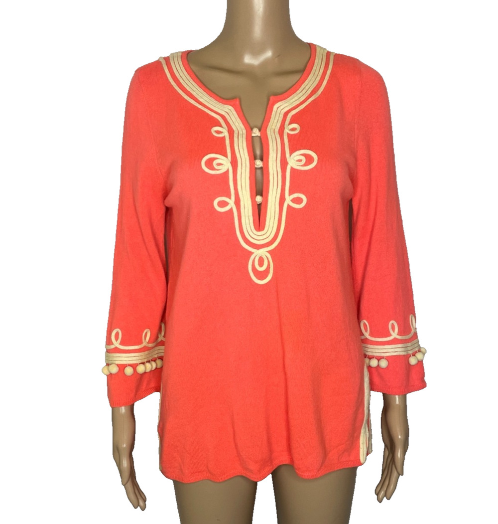 Women's Medium Calypso St. Barth Cashmere Sweater Embellished Orange Pom Pom
